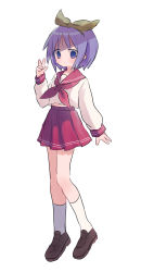 Rule 34 | 1girl, absurdres, blush, bow, brown footwear, closed mouth, full body, hair bow, hairband, highres, hiiragi tsukasa, loafers, long sleeves, looking at viewer, lucky star, midriff peek, neckerchief, pleated skirt, purple eyes, purple hair, red sailor collar, red skirt, ri (qrcode), sailor collar, sailor shirt, school uniform, serafuku, shirt, shoes, short hair, simple background, skirt, socks, solo, v, white background, white socks