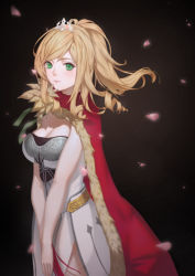 Rule 34 | 1girl, absurdres, angelia, bill7689, black background, blonde hair, breasts, cape, cleavage, green eyes, highres, long hair, looking at viewer, medium breasts, red cape, sdorica, smile, solo, standing, tiara