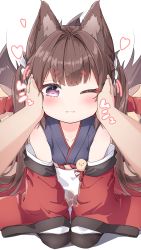 Rule 34 | 1girl, ;3, absurdres, amagi-chan (azur lane), animal ears, azur lane, bare shoulders, blunt bangs, blush, brown hair, brown tail, cheek squash, closed mouth, collarbone, commentary request, fox ears, fox girl, fox tail, full body, hands on another&#039;s cheeks, hands on another&#039;s face, hands on own knees, heart, highres, japanese clothes, kimono, kitsune, kyuubi, long hair, looking at viewer, motion lines, multiple tails, off shoulder, one eye closed, pantyhose, pov, pov hands, purple eyes, purple kimono, red kimono, rope, seiza, shadow, shimenawa, sidelocks, simple background, sitting, sleeveless, sleeveless kimono, solo focus, sound effects, tail, thick eyebrows, twintails, uduki (nissi), very long hair, white background, wide sleeves