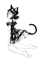Rule 34 | 1girl, animal ear fluff, animal ears, bare shoulders, barefoot, cat ears, cat girl, cat tail, commentary request, dress, frilled dress, frills, from side, highres, jaco, kneeling, looking at viewer, looking to the side, monochrome, off-shoulder dress, off shoulder, original, simple background, soles, solo, tail, white background, yellow eyes