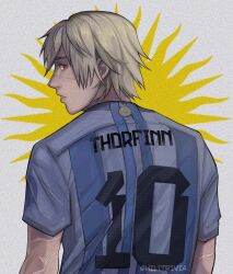 Rule 34 | 1boy, alternate costume, blonde hair, brown eyes, character name, contemporary, eyelashes, from behind, highres, hilitrivia, looking at viewer, male focus, multiple scars, parted lips, profile, scar, scar on face, scar on nose, soccer uniform, solo, sportswear, teeth, thorfinn, twitter username, upper body, vinland saga
