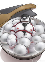 Rule 34 | 1boy, absurdres, bara, bear boy, beard, belly, bowl, chest tuft, color connection, egg, facial hair, fat, fat man, from above, frown, full beard, full body, furry, furry male, gagged, hairy, highres, large pectorals, looking at viewer, male focus, mini person, miniboy, muscular, muscular male, nantaimori, navel hair, nipples, original, pectoral bondage, pectorals, qiu zang theqiu zang sheng huo guan, short hair, solo, spoon, stomach, thick chest hair, thick eyebrows, thick navel hair, underbust, wet