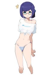 Rule 34 | 1girl, :d, ^^^, a-chan (hololive), absurdres, arms behind back, bikini, black-framed eyewear, blue eyes, blue hair, breasts, collarbone, cowboy shot, cropped legs, feeq, highres, hololive, looking at viewer, medium breasts, navel, off-shoulder shirt, off shoulder, open mouth, see-through, see-through shirt, semi-rimless eyewear, shirt, short hair, side-tie bikini bottom, simple background, smile, solo, striped bikini, striped clothes, swimsuit, tied shirt, under-rim eyewear, virtual youtuber, white background, white shirt