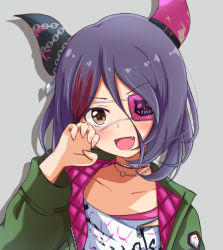 Rule 34 | 1girl, brown eyes, chain, chain necklace, eyepatch, facing viewer, fang, green jacket, grey background, hair between eyes, hand up, hayasaka mirei, horns, idolmaster, idolmaster cinderella girls, jacket, jewelry, long sleeves, looking at viewer, naruse nagi, necklace, open mouth, purple hair, simple background, smile, solo