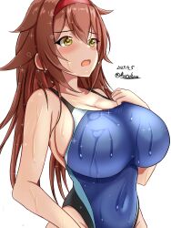 Rule 34 | 1girl, absurdres, black one-piece swimsuit, blue one-piece swimsuit, blush, breasts, brown eyes, brown hair, competition swimsuit, covered navel, dated, hair between eyes, hair flaps, hairband, highleg, highleg swimsuit, highres, impossible clothes, impossible swimsuit, kantai collection, large breasts, long hair, looking at viewer, montemasa, multicolored clothes, multicolored swimsuit, one-piece swimsuit, open mouth, red hairband, shiratsuyu (kancolle), shiratsuyu kai ni (kancolle), simple background, smile, solo, swimsuit, twitter username, two-tone swimsuit, upper body, wet, wet clothes, wet swimsuit, white background