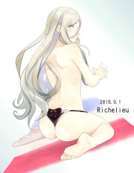 Rule 34 | 1girl, ass, bad id, bad pixiv id, barefoot, blonde hair, blue eyes, butt crack, commentary request, dated, french flag, from behind, gradient background, hair between eyes, highres, kantai collection, long hair, panties, pink lips, richelieu (kancolle), sitting, smile, soles, solo, thong, title, topless, underwear, velchi, wariza, white background