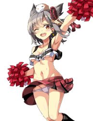 Rule 34 | 1girl, alternate costume, animal ears, arm up, armpits, azur lane, breasts, brown eyes, cheering, cheerleader, clothes writing, collarbone, commentary request, crop top, crop top overhang, earrings, extra ears, grey hair, highres, holding, holding pom poms, jewelry, macaroni hourensou, midriff, miniskirt, navel, one eye closed, open mouth, panties, pleated skirt, pom pom (cheerleading), red skirt, shirt, short hair, simple background, skirt, sleeveless, sleeveless shirt, small breasts, smile, solo, star (symbol), star earrings, suzutsuki (azur lane), sweat, underwear, white background, white panties