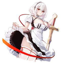 Rule 34 | 1girl, anchor choker, apron, azur lane, blush, breasts, choker, cleavage, clothes lift, dress, dress lift, frilled dress, frills, hair between eyes, hairband, highres, holding, holding sword, holding weapon, lace-trimmed hairband, lace trim, large breasts, lifting own clothes, looking at viewer, maid, marumai, puffy short sleeves, puffy sleeves, red eyes, red ribbon, ribbon, short hair, short sleeves, simple background, sirius (azur lane), skindentation, solo, sword, thighhighs, thighs, weapon, white apron, white background, white hair, white thighhighs