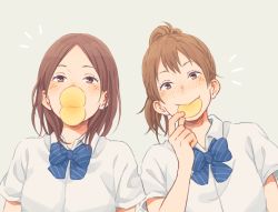 Rule 34 | 2girls, blush stickers, bow, bowtie, brown eyes, brown hair, chips (food), commentary request, food, food in mouth, freckles, haikyuu!!, hair between eyes, laugh 111, looking at viewer, mouth hold, multiple girls, ponytail, potato chips, pringle duck, school uniform, shirofuku yukie, shirt, short hair, short sleeves, simple background, suzumeda kaori, upper body, white shirt