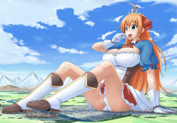 Rule 34 | 1girl, absurdres, ahoge, ascot, blue eyes, blue sky, blue sleeves, boots, breasts, city, cleavage, cloud, day, destruction, giant, giantess, gloves, hair between eyes, hair ribbon, highres, knee boots, large breasts, long hair, mountain, open mouth, orange hair, panties, pantyshot, pecorine (princess connect!), princess connect!, puffy short sleeves, puffy sleeves, red ascot, red ribbon, ribbon, short sleeves, shrug (clothing), sitting, sky, solo, terada ochiko, tiara, tongue, underwear, white footwear, white gloves, white panties
