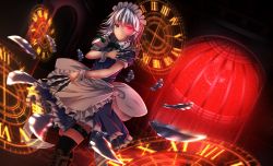 Rule 34 | 1girl, apron, bad id, bad pixiv id, between fingers, blue eyes, boots, braid, ddfftasogare, dutch angle, frown, glowing, glowing eye, heterochromia, highres, holding, indoors, izayoi sakuya, knee boots, knife, legband, looking at viewer, magic circle, maid headdress, motion blur, red eyes, roman numeral, short hair, silver hair, solo, tasogare (ddfftasogare), thighhighs, touhou, twin braids, waist apron, wrist cuffs