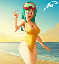 Rule 34 | 1girl, absurdres, artist request, bare shoulders, beach, blue eyes, blue hair, blue sky, breasts, casual one-piece swimsuit, cleavage, curvy, derivative work, diving mask, diving mask on head, dragon ball, dragonball z, goggles, goggles on head, gradient background, highleg, highleg swimsuit, highres, long hair, looking at viewer, maron (dragon ball), maron redraw challenge (meme), meme, meme attire, naughty face, one-piece swimsuit, salute, screenshot redraw, shiny skin, sky, smile, swimsuit, water, wide hips, yellow one-piece swimsuit