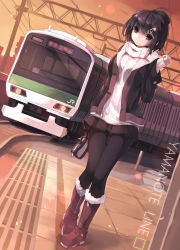 Rule 34 | 1girl, black eyes, black hair, black pantyhose, boots, coat, hair ornament, hairclip, highres, huanxiang huifeng, long sleeves, looking at viewer, nodata, original, pantyhose, ribbed sweater, scarf, short hair, skirt, sleeves past wrists, smile, solo, sweater, train, turtleneck