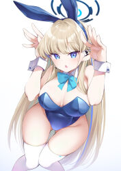 Rule 34 | 1girl, animal ears, blonde hair, blue archive, blue eyes, blue leotard, bow, bowtie, breasts, detached collar, fake animal ears, gluteal fold, halo, highres, kanmuri (kannmuri0227), large breasts, leotard, long hair, looking at viewer, official alternate costume, playboy bunny, rabbit ears, solo, strapless, strapless leotard, thighhighs, thighs, toki (blue archive), toki (bunny) (blue archive), white background, wrist cuffs
