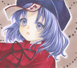 Rule 34 | 1girl, :o, blue eyes, blue hair, cabbie hat, hat, highres, jiangshi, looking away, marker (medium), miyako yoshika, ofuda, open mouth, outline, outstretched arms, ribbon, shikishi, short hair, solo, star (symbol), starry background, touhou, traditional media, upper body, white outline, yuuki hana (jtnp5334)