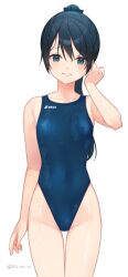 Rule 34 | 1girl, bare arms, bare legs, bare shoulders, barefoot, black eyes, black hair, blue one-piece swimsuit, commission, competition swimsuit, cowboy shot, groin, houshou (kancolle), kantai collection, koruri, long hair, looking at viewer, one-piece swimsuit, open mouth, ponytail, simple background, skeb commission, smile, solo, swimsuit, twitter username, wet, wet clothes, wet swimsuit, white background
