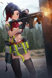 Rule 34 | 1girl, absurdres, ammunition pouch, bare shoulders, battle rifle, black gloves, black hair, black thighhighs, blurry, blurry background, breasts, closed mouth, commentary, commission, crop top, day, depth of field, english commentary, english text, enpera (jdud8375), finger on trigger, firing, forehead, gloves, gradient hair, green eyes, grey eyes, grey shorts, gun, h&amp;k g3, heterochromia, highres, hk51, holding, holding gun, holding weapon, medium breasts, multicolored hair, muzzle flash, original, parted bangs, ponytail, pouch, red hair, red shirt, rifle, sample watermark, scope, shirt, short shorts, shorts, skindentation, sleeveless, sleeveless shirt, solo, thighhighs, watermark, weapon, weapon request
