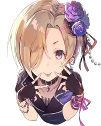 Rule 34 | 10s, 1girl, bad id, bad twitter id, blonde hair, collarbone, fingerless gloves, flower, gloves, hair flower, hair ornament, hair over one eye, idolmaster, idolmaster cinderella girls, looking at viewer, red eyes, shirasaka koume, short hair, simple background, smile, solo, solo focus, tongue, tongue out, ultone (neisiss), upper body, v, white background