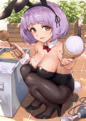 Rule 34 | 1girl, animal ears, bare shoulders, black pantyhose, bow, bowtie, breasts, brown pantyhose, cleavage, detached collar, fake animal ears, fake tail, food, haoni, high heels, highres, ice cream, ice cream cone, large breasts, looking at viewer, pantyhose, purple hair, rabbit ears, rabbit tail, red bow, red bowtie, short hair, solo, squatting, tail, yellow eyes, you can eat the girl