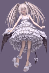 Rule 34 | 1girl, bare legs, bare shoulders, black tail, black wings, bow, bridal garter, brown hair, collarbone, demon tail, demon wings, dress, english text, fang, frilled dress, frilled legwear, frills, hair between eyes, highres, horns, light brown hair, low wings, open mouth, original, osobachan, purple background, purple eyes, simple background, smile, solo, star (symbol), tail, tail bow, tail ornament, twintails, white bow, white dress, white footwear, wings