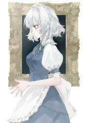 Rule 34 | 1girl, apron, black eyes, blue dress, breasts, closed mouth, commentary request, cowboy shot, dress, expressionless, frilled apron, frilled sleeves, frills, grey hair, grey ribbon, highres, izayoi sakuya, looking afar, maguri rei, maid, maid headdress, medium bangs, medium breasts, medium hair, neck ribbon, pinafore dress, portrait (object), profile, puffy short sleeves, puffy sleeves, ribbon, shirt, short sleeves, sleeveless, sleeveless dress, solo, steepled fingers, touhou, waist apron, white apron, white background, white shirt