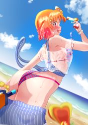 Rule 34 | 1girl, a chika-tastic summer (love live!), absurdres, alternate hairstyle, antenna hair, artist name, artist request, bare shoulders, beach, bikini, bikini under clothes, blue pants, blue shorts, blue sky, blush, bow, bracelet, braid, breasts, cleavage, clothes writing, cloud, collarbone, day, earrings, female focus, food-themed hair ornament, from behind, hair bow, hair ornament, hairclip, halterneck, heart (symbol), highres, holding, holding water gun, jewelry, looking at viewer, looking back, love live!, love live! school idol festival, love live! school idol festival all stars, love live! sunshine!!, medium breasts, medium hair, ocean, off-shoulder shirt, off shoulder, open fly, orange bow, orange hair, orange hair ornament, outdoors, pants, parted bangs, parted lips, pearl bracelet, pink bikini, polka dot, polka dot bow, ponytail, red eyes, ribbon, see-through, see-through shirt, see-through sleeves, shirt, short hair, short sleeves, shorts, side braid, side ponytail, sideboob, single braid, sky, smile, solo, strap slip, striped bikini, striped bow, striped clothes, striped pants, striped shorts, striped tank top, suspenders, suspenders hanging, swimsuit, takami chika, tank top, triangle hair ornament, two-tone bikini, unworn pants, vertical-striped clothes, vertical-striped shorts, water gun, wet, wet clothes, wrist bow, yellow bow, yellow ribbon