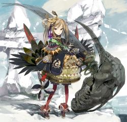 Rule 34 | 1girl, animal skull, armor, blonde hair, bone, cliff, colored eyelashes, crown hair ornament, fangs, feathers, gold, gold armor, highres, japanese clothes, kimono, okama, original, red thighhighs, rock, rope, sandals, scale armor, shimenawa, thighhighs, twintails, weapon