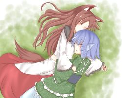 Rule 34 | 2girls, animal ears, between breasts, blue hair, blush, breasts, claws, day, dress, drill hair, fins, gradient background, grass, green kimono, hand on another&#039;s back, head between breasts, head fins, highres, holding another&#039;s arm, imaizumi kagerou, japanese clothes, kimono, layered dress, long sleeves, lying, mermaid, monster girl, multiple girls, noutaru (masayaichinl), obi, on side, outdoors, outstretched arm, sash, short hair, short kimono, sleeping, small breasts, tail, touhou, wakasagihime, wolf ears, wolf tail, yuri