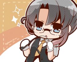 Rule 34 | 10s, 1girl, asymmetrical hair, bespectacled, bloom2425, check commentary, check translation, chibi, commentary request, flipped hair, glasses, gloves, grey eyes, kantai collection, looking at viewer, necktie, nowaki (kancolle), pointer, riding crop, rimless eyewear, school uniform, short hair, short sleeves, silver hair, simple background, solo, sparkle, swept bangs, translation request, twitter username, vest, white gloves, yellow necktie