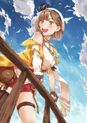 Rule 34 | 1girl, against railing, atelier (series), atelier ryza, atelier ryza 2, beibei890841655, belt, bird, blue sky, blush, braid, breasts, brown eyes, brown gloves, brown hair, brown thighhighs, cleavage, cloud, clover hair ornament, day, earrings, gloves, hair between eyes, hair ornament, hat, highres, jewelry, key, key necklace, large breasts, leather belt, necklace, open mouth, outdoors, pouch, railing, red shorts, reisalin stout, seagull, shirt, shorts, single thighhigh, skindentation, sky, sleeveless, sleeveless shirt, solo, standing, thigh strap, thighhighs, underwear, white hat, white shirt, wooden railing