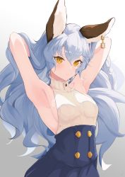 Rule 34 | 1girl, absurdres, alternate costume, armpits, arms up, blue hair, blue skirt, breasts, earrings, erune, ferry (granblue fantasy), granblue fantasy, hair between eyes, high-waist skirt, high collar, highres, inuinuo gataken, jewelry, long hair, looking at viewer, medium breasts, parted lips, shirt, skirt, sleeveless, solo, wavy hair, white background, white shirt, yellow eyes