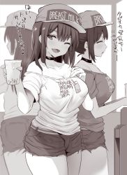 Rule 34 | 3girls, bare shoulders, baseball cap, breast milk, breasts, bubble tea, choker, clothes writing, commentary request, cowboy shot, cup, cutoffs, denim, denim shorts, english text, hat, holding, holding cup, lactation, large breasts, looking at viewer, monochrome, multiple girls, noripachi, off-shoulder shirt, off shoulder, one eye closed, original, shirt, shorts, translation request