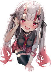 Rule 34 | 1girl, :d, absurdres, adjusting hair, bare shoulders, black choker, black ribbon, black shirt, black thighhighs, bow, breasts, choker, earrings, fang, fangs, gradient hair, hair ribbon, highres, hololive, horns, jewelry, kneeling, looking at viewer, medium breasts, multicolored hair, nakiri ayame, open mouth, red eyes, red hair, red skirt, red tie, ribbon, shirt, single earring, skin-covered horns, skin fangs, skindentation, skirt, smile, solo, terra bose, thighhighs, twintails, virtual youtuber, white background, white hair