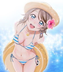 Rule 34 | 1girl, :d, anchor necklace, arms behind back, backlighting, bare shoulders, bikini, blue eyes, blue ribbon, blurry, blurry background, blush, breasts, brown hat, cleavage, collarbone, cowboy shot, depth of field, flower, from above, h.i.t (59-18-45), hair flower, hair ornament, hair tie, halterneck, hat, hibiscus, highres, innertube, jewelry, leaning forward, looking at viewer, looking up, love live!, love live! school idol festival, love live! sunshine!!, low twintails, medium breasts, necklace, open mouth, pendant, pink flower, ribbon, round teeth, short hair, side-tie bikini bottom, smile, solo, standing, string bikini, striped bikini, striped clothes, sun hat, sweat, swim ring, swimsuit, teeth, twintails, watanabe you, wide hips