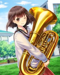 Rule 34 | 1girl, ;d, absurdres, blue sky, brown eyes, brown hair, cloud, collarbone, day, euphonium, floating hair, green ribbon, grey sweater, hair ribbon, highres, holding, holding instrument, instrument, kishida mel, looking at viewer, one eye closed, open mouth, outdoors, red skirt, ribbon, school fanfare, short hair, skirt, sky, smile, solo, standing