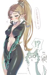 Rule 34 | !?, 1boy, 1girl, black bodysuit, black gloves, blush, bodysuit, breasts, brown hair, center opening, chibi, chibi inset, collarbone, cosplay, covered erect nipples, cowboy shot, embarrassed, flying sweatdrops, gloves, green eyes, hair ornament, hairclip, highres, link, long hair, looking away, looking down, looking to the side, medium breasts, midna, midna (cosplay), navel, neon trim, nintendo, o o, own hands together, parted bangs, parted lips, pointy ears, ponytail, princess zelda, shuri (84k), simple background, speech bubble, spoken interrobang, stomach, the legend of zelda, the legend of zelda: breath of the wild, the legend of zelda: twilight princess, thick eyebrows, translation request, twitter username, v arms, very long hair, white background, wolf, wolf link