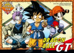 Rule 34 | 1990s (style), 1girl, 2boys, backpack, bag, bandana, black gloves, black hair, blue eyes, brown gloves, chain, character name, copyright name, dragon ball, dragon ball gt, fighting stance, fingerless gloves, giru (dragon ball), gloves, indian style, long sleeves, looking at viewer, multiple boys, official art, on head, outstretched arm, pan (dragon ball), purple hair, retro artstyle, robot, scarf, short hair, shorts, sitting, smile, son goku, spiked hair, standing, toei animation, trunks (dragon ball), v, wristband