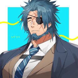 Rule 34 | 1boy, bara, beard, blue hair, character request, chest harness, closed eyes, eyepatch, facial hair, facing ahead, formal, full beard, hagiography, harness, highres, live a hero, male focus, mature male, mismatched eyebrows, muscular, muscular male, necktie, scar, scar across eye, solo, suit, thick beard, thick eyebrows, upper body