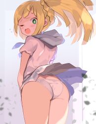 1girl ass blonde_hair blush braid clothes_lift commentary_request commission cowboy_shot creatures_(company) from_behind game_freak green_eyes high_ponytail highres hooded_shirt lillie_(pokemon) miniskirt nintendo one_eye_closed open_mouth panties pantyshot pleated_skirt pokemon pokemon_sm ponytail_with_braided_base shirt short_sleeves skeb_commission skirt skirt_lift skirt_tug solo spring2013 underwear white_background white_panties white_shirt white_skirt