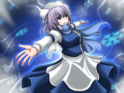 Rule 34 | 1girl, apron, armband, blue background, blue eyes, breasts, hat, juliet sleeves, large breasts, letty whiterock, light purple hair, light trail, long sleeves, looking at viewer, outstretched arms, parted lips, pin, puffy sleeves, scarf, short hair, skirt, skirt set, snowflakes, solo, spread arms, suikyou (aqua cities), touhou, waist apron