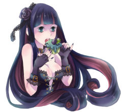 Rule 34 | 10s, 1girl, alternate costume, aqua eyes, breasts, bustier, choker, cleavage, colored inner hair, dessert, eating, fingerless gloves, flower, food, gloves, hair flower, hair ornament, lace, multicolored hair, nail polish, no bra, open mouth, panty &amp; stocking with garterbelt, pastry, pinky out, solo, stocking (psg), two-tone hair, upper body, yamori (stom)