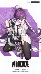 Rule 34 | 1girl, artist request, bare shoulders, black necktie, black pantyhose, breasts, commentary request, ether (nikke), full body, glasses, goddess of victory: nikke, green eyes, grid background, gun, highres, holding, holding gun, holding weapon, kneeling, lab coat, large breasts, long hair, machine gun, necktie, official art, pantyhose, ponytail, purple hair, shirt, sleeveless, sleeveless shirt, solo, squatting, torn clothes, torn pantyhose, very long hair, weapon, white shirt, zoom layer