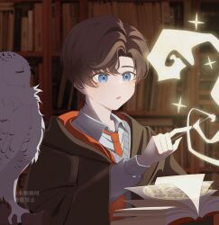 Rule 34 | 1boy, absurdres, animal, artem wing (tears of themis), bird, black robe, blue eyes, book, bookshelf, brown hair, collared shirt, commentary, grey sweater, highres, holding, holding wand, hood, hood down, hooded robe, indoors, long sleeves, magic, magic circle, male focus, mu ze (mz01417405), necktie, open book, orange necktie, owl, parted lips, puffy long sleeves, puffy sleeves, robe, shirt, solo, sweater, tears of themis, upper body, wand, white shirt, wide sleeves