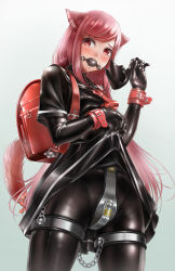 Rule 34 | 1girl, ameya, animal ear fluff, animal ears, backpack, bag, ball gag, bdsm, black bodysuit, bodysuit, cat ears, cat tail, chain, chastity belt, clothes lift, commentary request, commission, gag, gagged, gradient background, highres, key, latex, latex bodysuit, latex shirt, latex skirt, lock, long hair, looking at viewer, mask, mouth mask, original, padlock, pixiv commission, red eyes, red hair, school uniform, serafuku, shiny clothes, skin tight, skirt, skirt lift, solo, tail, very long hair, wrist cuffs