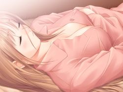 Rule 34 | 00s, 1girl, after (game), after sweet kiss, breasts, brown hair, closed eyes, covered erect nipples, game cg, long hair, lying, on back, shiomiya kanami, sleeping, solo, tony taka, unbuttoned