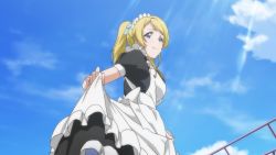 Rule 34 | 3girls, angry, animated, apron, ayase eli, black hair, blonde hair, blue eyes, closed mouth, clothes lift, cloud, frown, garter straps, highres, kosaka honoka, light rays, long hair, love live!, love live! school idol project, maid, maid apron, maid headdress, medium hair, multiple girls, open mouth, orange hair, outdoors, ponytail, red eyes, skirt, skirt lift, sky, smile, standing, thighhighs, twintails, video, yazawa nico