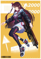 Rule 34 | 1girl, absurdres, barcode, black jacket, black thighhighs, blush, breasts, bullpup, character name, closed mouth, fikkyun, girls&#039; frontline, gun, hair ribbon, highres, holding, holding weapon, jacket, jumping, lips, long hair, looking at viewer, medium breasts, purple eyes, purple hair, ribbon, rifle, shirt, shoes, side ponytail, simple background, skirt, smile, sneakers, sniper rifle, solo, thighhighs, wa2000 (girls&#039; frontline), walther, walther wa 2000, weapon, white shirt, white skirt