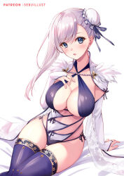 Rule 34 | 1girl, arm support, asymmetrical hair, blue eyes, blue one-piece swimsuit, blue thighhighs, blush, breasts, bridal gauntlets, bun cover, cleavage, fate/grand order, fate (series), large breasts, leaning to the side, looking at viewer, miyamoto musashi (fate), miyamoto musashi (fate/grand order), miyamoto musashi (swimsuit berserker) (fate), miyamoto musashi (swimsuit berserker) (third ascension) (fate), one-piece swimsuit, open mouth, patreon username, sebu illust, sitting, skindentation, solo, swimsuit, thigh gap, thighhighs, white hair