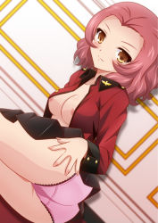 Rule 34 | 10s, 1girl, areola slip, ass, black skirt, blush, breasts, brown eyes, closed mouth, commentary request, girls und panzer, hands on own ass, highres, isa (ni-iro), jacket, lace, lace-trimmed panties, lace trim, light smile, long sleeves, looking at viewer, lying, medium breasts, military, military uniform, miniskirt, no bra, no shirt, on side, panties, pantyshot, parted bangs, pink panties, pleated skirt, red hair, red jacket, rosehip (girls und panzer), short hair, skirt, solo, st. gloriana&#039;s military uniform, underwear, uniform