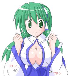 Rule 34 | 1girl, breasts, bursting breasts, buttons, detached sleeves, female focus, green hair, kochiya sanae, large breasts, lowres, popped button, solo, touhou